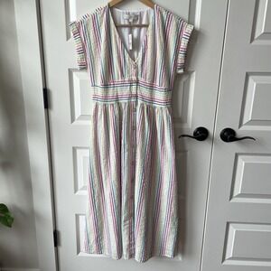 Loft NEW Midi Dress Size 0 Seersucker Stripe Bright Cap Sleeve Sundress Button